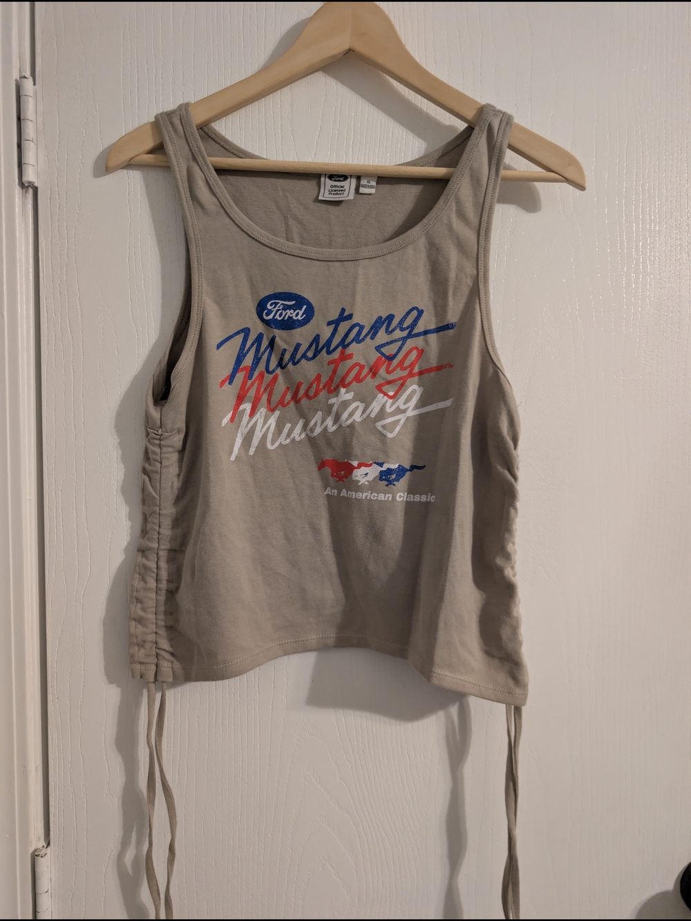 Ford Women's Taupe Tank with Red, Blue & White Mustang Graphic
